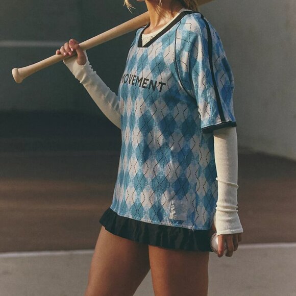 Free People Blue Argyle Short Sleeve Tee - Picture 1 of 6